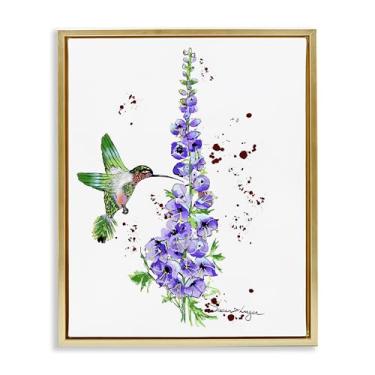 Imagem de Stupell Industries Delphiniums and beija-flor moldura dourada tela flutuante arte design de parede por Susan Lugar, 21 x 17