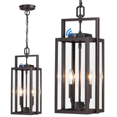 Imagem de Luminária pendente externa grande do crepúsculo ao amanhecer de 48 cm, 2 luzes, lustre externo marrom moderno de metal marrom para pendurar no teto com vidro transparente para entrada da varanda