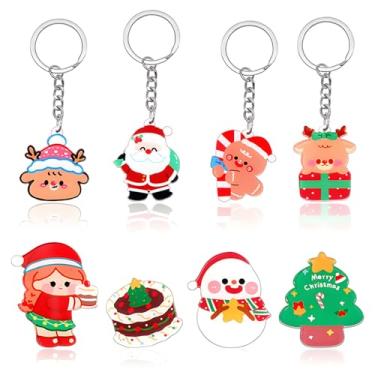 Imagem de QLYOVWE Conjunto de 8 peças de chaveiro fofo de Natal com desenho animado de papai noel, rena, pequeno chaveiro, boneco de neve, pão de gengibre, bengala, bolo, pinos, presente de Natal e inverno
