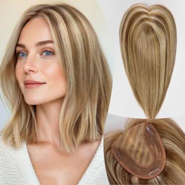 Imagem de EMMOR Toppers de cabelo humano para mulheres com queda de cabelo 30,5 cm pele couro cabeludo 12 cm × 15 cm cobertura de base grande para perda de cabelo perucas de cabelo (loiro misto marrom)