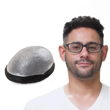 Imagem de Lordhair Toupee para homens com 100% cabelo humano europeu 20 x 25 cm peruca para homens 0,03 mm sistema de cabelo ultra fino todo em V peruca masculina (Off Black 1B com 10% cabelos grisalhos)