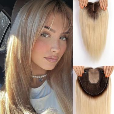 Imagem de HAIRCUBE Toppers de cabelo de 41 cm para mulheres, cabelo humano real, base grande de 23 x 23 cm, com franja, partes superiores de cabelo humano para mulheres com queda de cabelo ou cabelo fino (loiro
