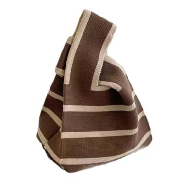 Imagem de Bolsa listrada preta e branca com nó de malha mini sacola de lona, Marrom, Small