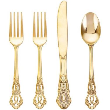 Imagem de Conjunto de talheres de plástico Joyido 40PCS Gold para jantares e fes