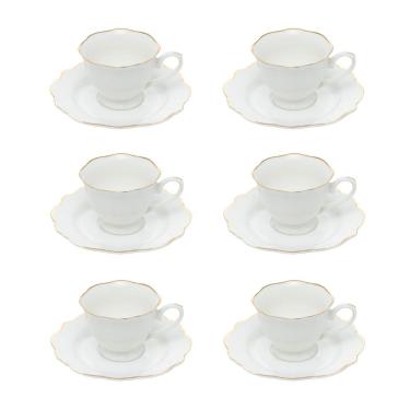 Imagem de Cj 6 Xícaras P/Chá C/Pires de Porcelana Branca Maldivas C/Filete Dourado 180ml Wolff