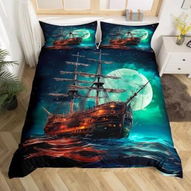 Imagem de Erosebridal Capa de edredom de navio pirata Queen para meninos e adolescentes, conjunto de cama náutico de veleiro marítimo, ondas do oceano, barco à vela, conjunto de cama de barco à vela costeira, 3