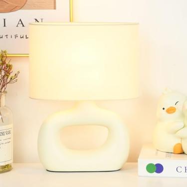 Imagem de Lampwell Luminária de mesa pequena em creme LACIO para sala de estar como luminária de mesa de cabeceira para quarto, luminária de mesa noturna infantil de cerâmica moderna, 21 x 10 x 10 cm x A 29 cm