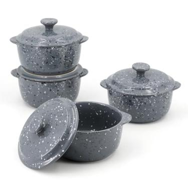 Imagem de Conjunto de 4 mini cocottes de cerâmica para forno, caçarola pequena de 255 g com alças e tampa, panela de servir individual para suflê, sopa, sapateiro, ramequins de grés, cinza