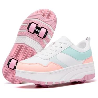 Imagem de ANEFUN Tênis de patins para mulheres, meninas, destacáveis, com rodas e 4 rodas, adequado para iniciantes, Lua branca e rosa, 36