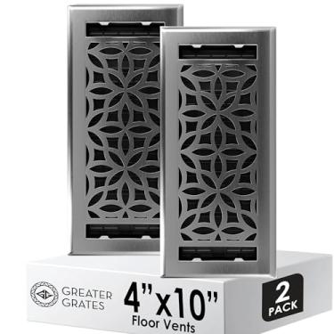 Imagem de GREATER GRATES Capas de ventilação HVAC de níquel escovado floral – Grelhas de aço resistentes à ferrugem com padrão intrincado – ajuste para piso, parede e teto – pacote com 2