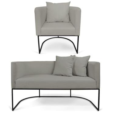 Imagem de Kit 01 Namoradeira 02 Lugares E 01 Poltrona Paola Linho Base Metálica Preto Cor A26 Grafite