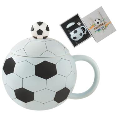 Imagem de Canecas fofas de 396 g Caneca de café de cerâmica exclusiva com tampa e colher, canecas engraçadas presentes de futebol para treinadores, fãs e jogadores, xícaras esportivas legais de futebol