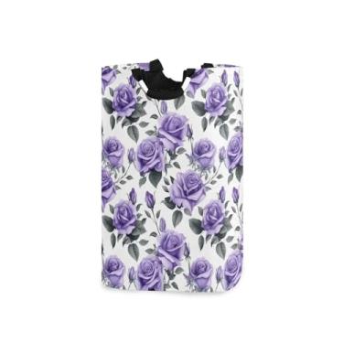 Imagem de Cesto de lavanderia grande, cesta de roupa romântica de rosas roxas, bolsa de roupas dobrável com alça cesto de lavagem dobrável