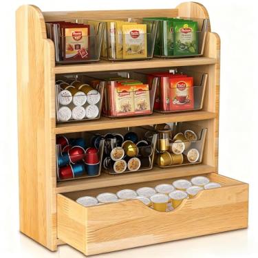 Imagem de Tlence Organizador de saquinhos de chá de 4 camadas, suporte vertical de madeira para armazenamento de chá de 38 x 31 x 11,4 cm, suporte para estação de saquinho de chá com 9 caixas de plástico