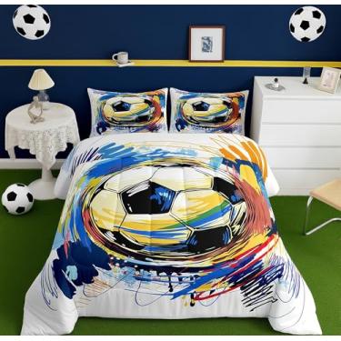 Imagem de Feelyou Jogo de cama king para meninos, futebol, esporte, para crianças, estilo grafite, branco, colorido, conjunto de edredom com 3 peças