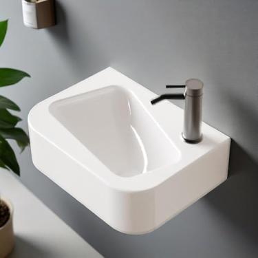 Imagem de Suporte de parede para pia pequena, pia de banheiro retangular de 35,5 x 25,4 cm, retangular pequeno e moderno flutuante, pia de vaso de cerâmica branca, economiza espaço, mão direita