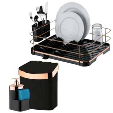Imagem de Kit 3 pçs Escorredor de Louças Lixeira 2,5L E Porta Detergente Preto e Rosé Gold