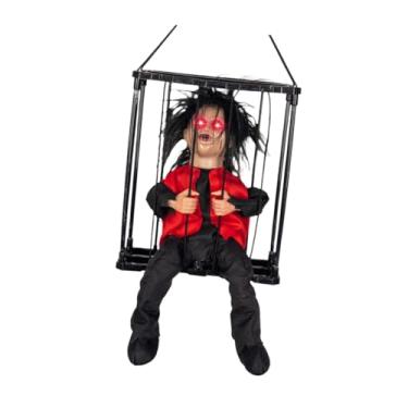 Imagem de Fenteer Brinquedo de pendurar em gaiola de caveira falante assustadora para Halloween, acessório fotográfico com olhos brilhantes, brinquedo de esqueleto para, Vermelho Preto
