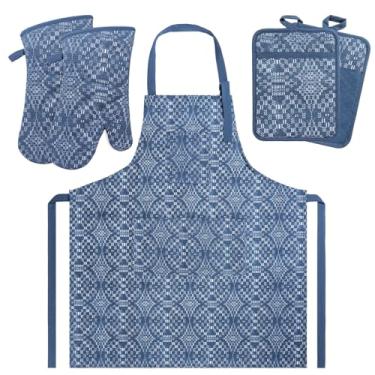 Imagem de Conjunto de 5 luvas de forno e suportes de panela com avental de cozinha, luvas de cozinha resistentes ao calor e pegadores de panela antiderrapantes de silicone (azul escuro)