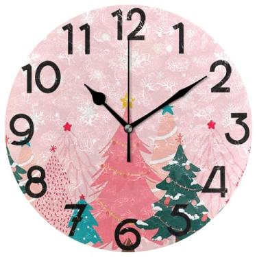 Imagem de Relógio redondo com árvore de Natal rosa, números grandes, decorativo, inverno, floco de neve, Natal, 25 cm, quartzo operado por bateria, analógico, silencioso, relógio de mesa para cozinha e quarto