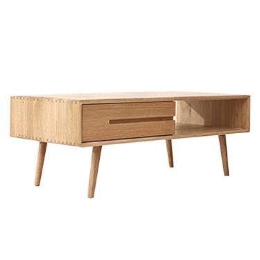 Imagem de Mesa de centro moderna, design retangular elegante de meados do século com armazenamento lateral duplo, mesa de TV com destaque para sala de estar/escritório com gaveta, fácil de montar, marrom