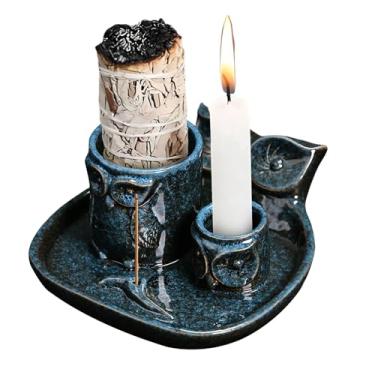Imagem de Comeon Palo Santo, suporte de vela 4 em 1 de cerâmica para queimador de incenso de coruja refluxo, suporte de vela para arco ardente (azul)