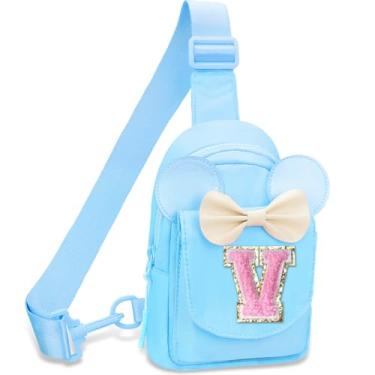 Imagem de Bolsa tiracolo para meninas – Bolsa tiracolo pequena com inicial para meninas, pochete infantil para viagens, Azul, V