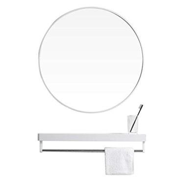 Imagem de Espelho de banheiro montado na parede espelho penteadeira redonda dourada com prateleira grande kit completo de metal 3 cores 40 cm ouro