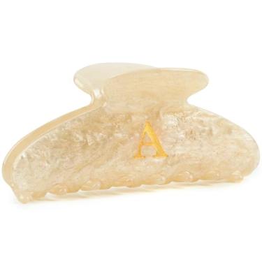 Imagem de MAORULU Grampo de garra de cabelo acrílico letra A de 10 cm para mulheres, clipes de mandíbula grande e fofo mármore bege com glitter para cabelos grossos ou finos, acessórios de cabelo com monograma