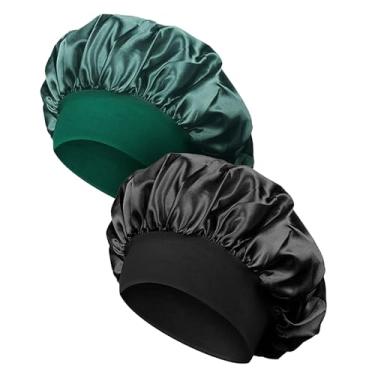 Imagem de 2 peças de gorro de seda feminino, touca de banho encaracolada com elástico, verde e preto