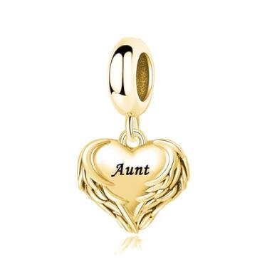 Imagem de LuxglitterLin Pingente de contas com pingente de coração banhado a ouro com asa de anjo e tia compatível com pulseira Pandora, joia significativa presente para mulheres