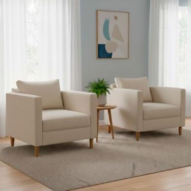 Imagem de Kit 2 Poltronas Estofadas Cadeiras Luxo Grande Moderna Sala de Estar Escritório Varanda Quarto (Linho Dourado)