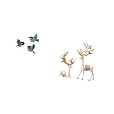 Imagem de Fenteer Conjunto de Arte de Parede de Pássaros E Renas de Madeira, Pássaros Voadores Decorativos E Estátuas de Veados para Jardim, Sala de Estudo, Decoração D