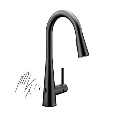 Imagem de Moen Elegante fosco preto motionsense sensor de onda sem toque com uma alça de arco alto puxar moderna torneira de cozinha com limpeza elétrica, 7864EWBL