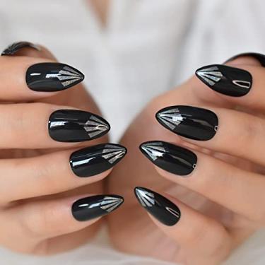 Imagem de Black Shine French Press on Nails com design reutilizável acrílico kit de cobertura completa - unhas postiças para mulheres, cola gelatinosa, lixa
