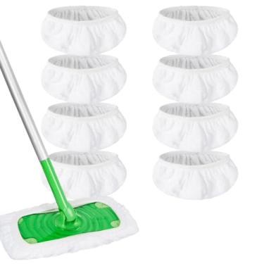 Imagem de Pacote com 8 almofadas de esfregão brancas reutilizáveis de microfibra, capa de esfregão plana molhada e seca, refil de almofadas molhadas laváveis para limpeza de piso de superfície/madeira (esfregão