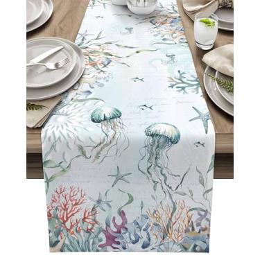 Imagem de Caminho de mesa de água-viva corredores de mesa 33 x 182 cm de comprimento peixe oceano coral alga marinha corredor de jantar cozinha decoração de mesa de jantar para decoração de festa em casa