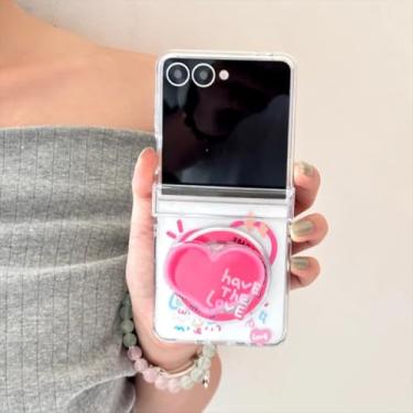 Imagem de Capa para Galaxy Z Flip6 com suporte magnético e estampa de coração com grafite fofo e corrente (para Galaxy Z Flip6/capa com suporte)