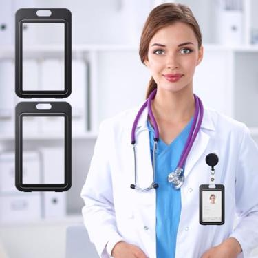 Imagem de Pacote com 3 porta-crachás de identificação com janela transparente dupla face, estojo de plástico rígido vertical protetor de cartão para funcionários de escritório, professores (Preto)