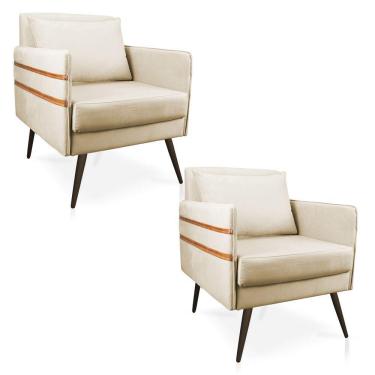 Imagem de Kit 02 Poltronas Mari Suede Pés Palito De Ferro Marrom Bege