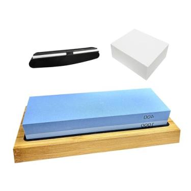 Imagem de Pedra de amolar de faca, kit de afiar facas premium, 2 pedras de amolar 400/1000 de gramatura lateral, pedra molhada, base antiderrapante, guia de ângulo.