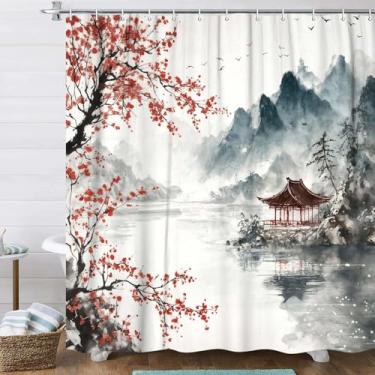Imagem de Coveimes Cortina de chuveiro de flor de cerejeira asiática, pintura em aquarela de ameixa japonesa, montanha chinesa, preto, branco, flor vermelha, estética, poliéster, cortina de banheiro com 12
