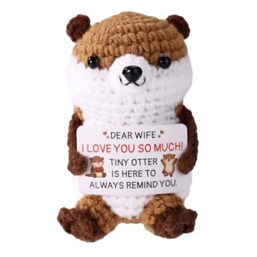 Imagem de Lontra positiva, linda lontra de crochê feita à mão com cartão de incentivo, pelúcia emocional, suporte positivo, brinquedo animal, brinquedo de tricô, presente de incentivo e decoração (cartão de