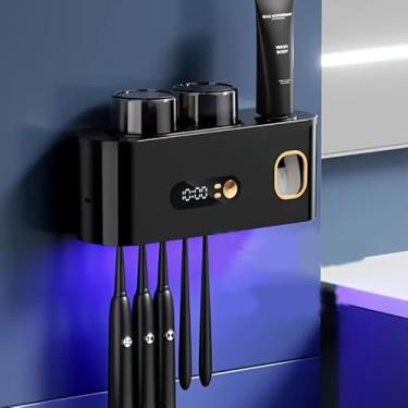Imagem de Desinfetante para escova de dentes UV, suporte de parede sem broca com dispensador de pasta de dente, suporte de escova de dentes para exibição de tempo de relógio, tamanho familiar, organizador de