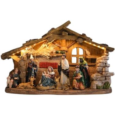 Imagem de MUMTOP Conjunto de presépio com manjedoura, estatueta de presépio de resina com luzes LED e música, presépio de Natal interno com manjedoura para decoração de Natal de capela de casa de férias de mesa