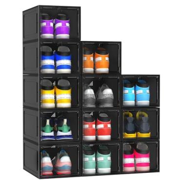 Imagem de Kjfeoiye Pacote com 12 organizadores de armazenamento de sapatos rígidos rígidos e espessos XX grandes para armário, caixas de sapatos empilháveis transparentes e empilháveis, recipientes para
