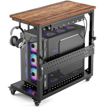 Imagem de GreenForest Suporte de PC para jogos com rodas, altura ajustável e gerenciamento de cabos, capa E-ATX de 2 camadas, suporte de torre de computador com placa de suporte para CPU, impressora, escritório