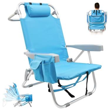 Imagem de Mochila, cadeiras de praia para adultos, resistente, compacta, portátil, dobrável, com alças de mochila e bolso grande, cadeira reclinável de alumínio com 5 posições para pátio ao ar livre, suporte