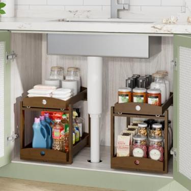 Imagem de LONTAI Organizador de madeira de bambu embaixo da pia, pacote com 2, organizador de armário com 2 camadas, organizadores embaixo da pia e armazenamento com gaveta deslizante, resistente e fácil de