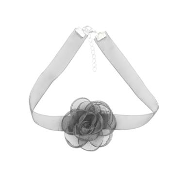 Imagem de POYAMUSE Colar gargantilha de renda de flor rosa com pingente de renda para mulheres, bijuterias de fantasia de casamento, Medium, Latão, Metal